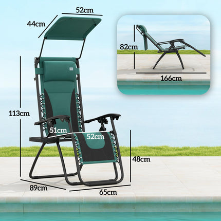 Zero Gravity Folding Reclining Lounger Chair with Shade Cover, Padded Seat, Cup Holder & Headrest - Green