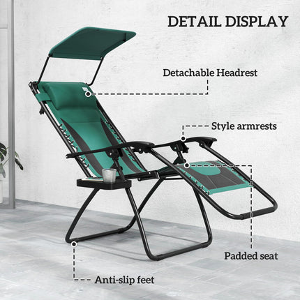 Zero Gravity Folding Reclining Lounger Chair with Shade Cover, Padded Seat, Cup Holder & Headrest - Green