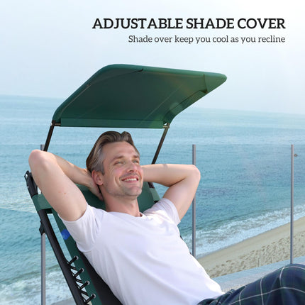 Zero Gravity Folding Reclining Lounger Chair with Shade Cover, Padded Seat, Cup Holder & Headrest - Green