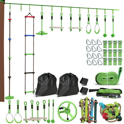 Obstacle course for Kids, with 10-Piece Slackline Kit with Monkey Bars, Gym Ring