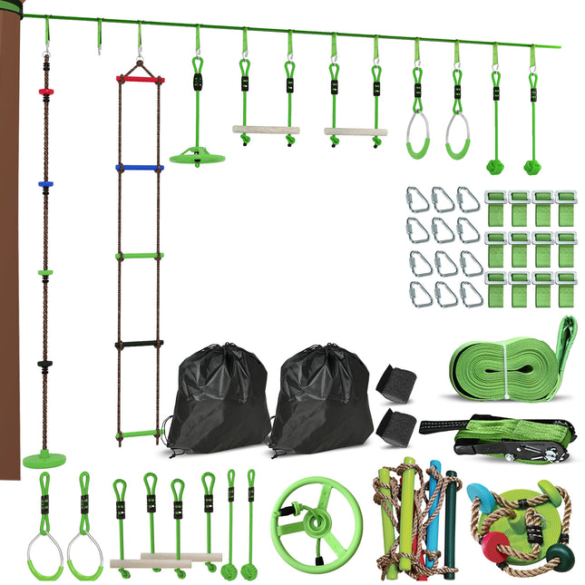 Obstacle course for Kids, with 10-Piece Slackline Kit with Monkey Bars, Gym Ring