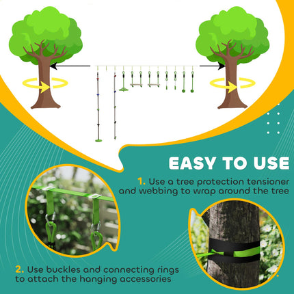 Obstacle course for Kids, with 10-Piece Slackline Kit with Monkey Bars, Gym Ring