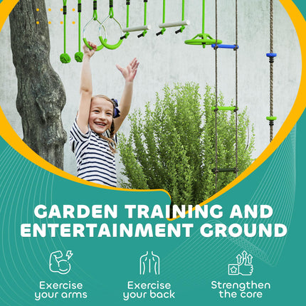 Obstacle course for Kids, with 10-Piece Slackline Kit with Monkey Bars, Gym Ring