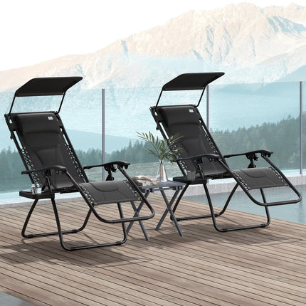 Set of 2 Zero Gravity Lounger Chairs with Padded Seat, Shade Cover & Tray - Black