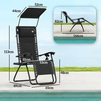 Set of 2 Zero Gravity Lounger Chairs with Padded Seat, Shade Cover & Tray - Black
