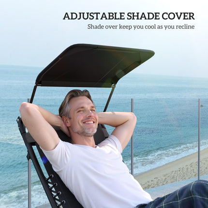 Set of 2 Zero Gravity Lounger Chairs with Padded Seat, Shade Cover & Tray - Black