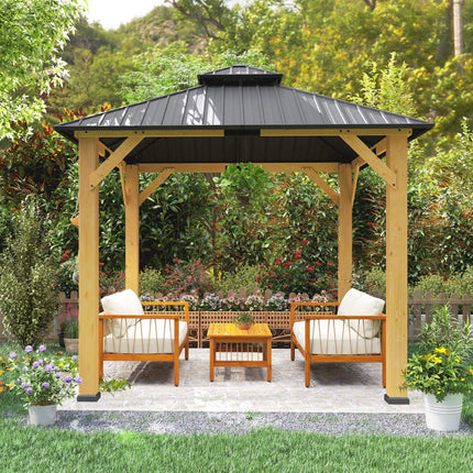 3x3M Outdoor Hardtop Gazebo Canopy with 2-Tier Roof and Solid Wood Frame - Grey