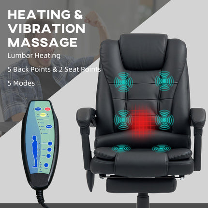 Heated 6-Point Vibration Massage Executive Ergonomic Office Recliner Chair with Footrest - Black