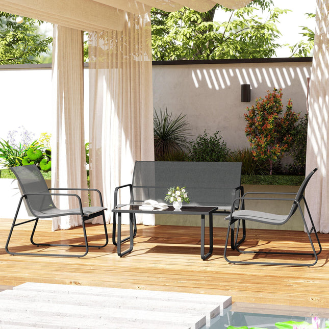 4 Piece Outdoor Garden Furniture Set with Double and Single Chairs & Glass Top Table - Light Grey