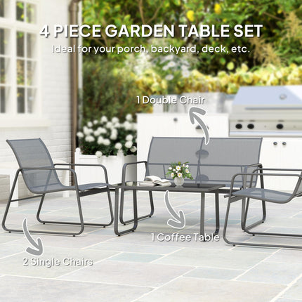 4 Piece Outdoor Garden Furniture Set with Double and Single Chairs & Glass Top Table - Light Grey