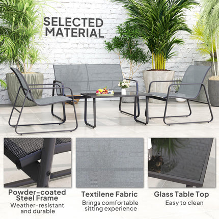 4 Piece Outdoor Garden Furniture Set with Double and Single Chairs & Glass Top Table - Light Grey