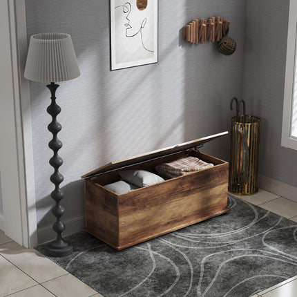 113L Storage Chest with Flip-Top Lid and Safety Hinges, Storage Trunk for Living Room and Entryway - Brown Wood Grain
