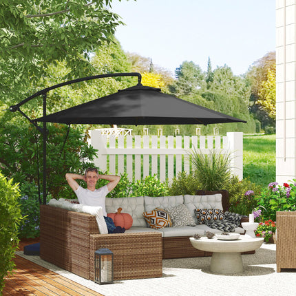 3m Garden Cantilever Parasol with Fillable Base, Wind Straps, Crank Handle & Tilt, UPF50+ Round Hanging Umbrella - Grey