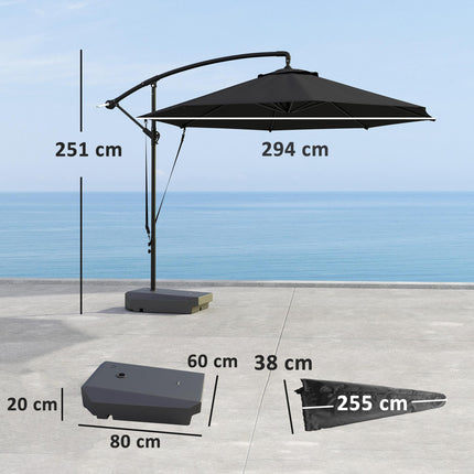 3m Garden Cantilever Parasol with Fillable Base, Wind Straps, Crank Handle & Tilt, UPF50+ Round Hanging Umbrella - Grey