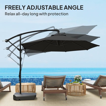 3m Garden Cantilever Parasol with Fillable Base, Wind Straps, Crank Handle & Tilt, UPF50+ Round Hanging Umbrella - Grey