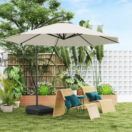 3m Garden Cantilever Parasol with Fillable Base, Wind Straps, Crank Handle & Tilt, UPF50+ Sun Shade - Cream