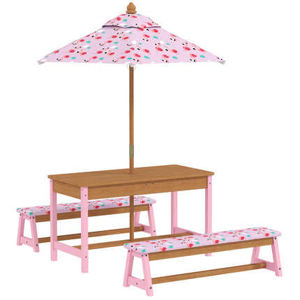 Kids Picnic Table Set with Foldable Umbrella, Cushions & Storage Boxes Flamingo Theme - Pink