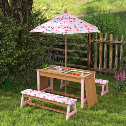 Kids Picnic Table Set with Foldable Umbrella, Cushions & Storage Boxes Flamingo Theme - Pink