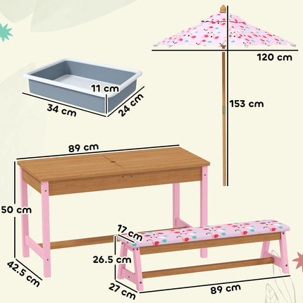 Kids Picnic Table Set with Foldable Umbrella, Cushions & Storage Boxes Flamingo Theme - Pink