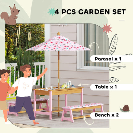 Kids Picnic Table Set with Foldable Umbrella, Cushions & Storage Boxes Flamingo Theme - Pink