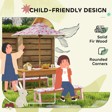 Kids Picnic Table Set with Foldable Umbrella, Cushions & Storage Boxes Flamingo Theme - Pink