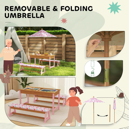 Kids Picnic Table Set with Foldable Umbrella, Cushions & Storage Boxes Flamingo Theme - Pink