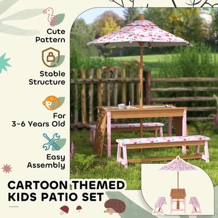 Kids Picnic Table Set with Foldable Umbrella, Cushions & Storage Boxes Flamingo Theme - Pink