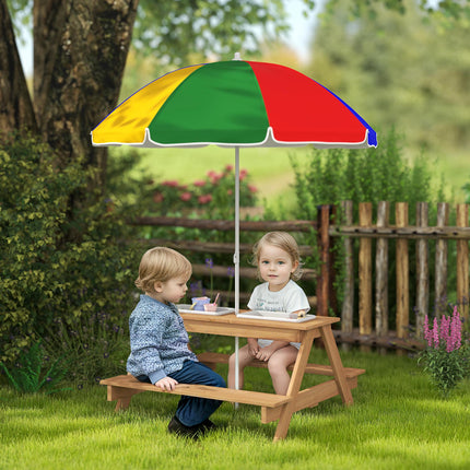 Kids Picnic Table Set with Sand & Water Bins and Adjustable Parasol - Multicolour