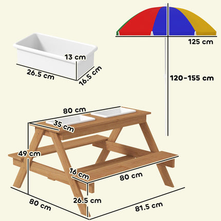 Kids Picnic Table Set with Sand & Water Bins and Adjustable Parasol - Multicolour