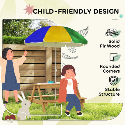 Kids Picnic Table Set with Sand & Water Bins and Adjustable Parasol - Multicolour