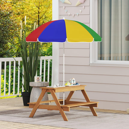 Kids Picnic Table Set with Sand & Water Bins and Adjustable Parasol - Multicolour