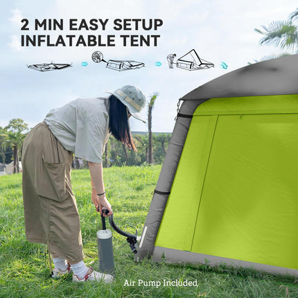 Inflatable 1-2 Person Camping Tent with Hand Pump, Waterproof 190T Taffeta, Mesh Windows & Doors - Green