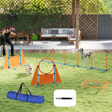 6-Piece Dog Agility Training Set with Weave Poles, Jump Ring, Hurdle, Pause Box & Carry Bag - Orange
