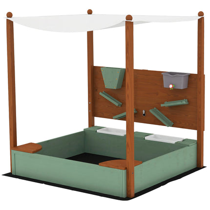 Wood Sandpit with Canopy, Storage Bins, Funnel, Liner, Chutes, Bucket with Tap,