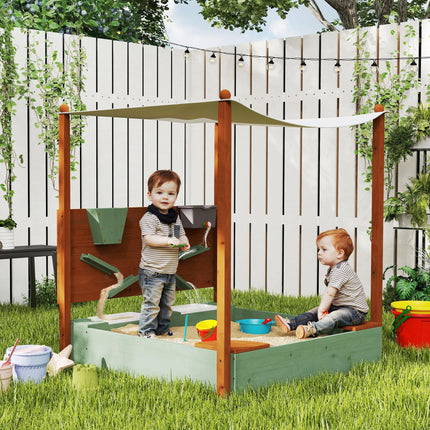 Wood Sandpit with Canopy, Storage Bins, Funnel, Liner, Chutes, Bucket with Tap,