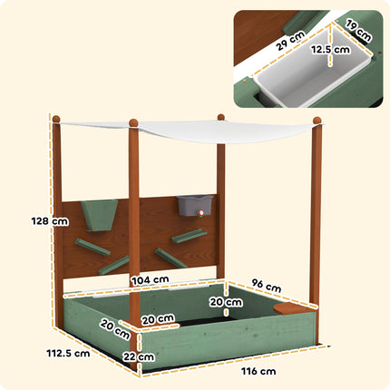 Wood Sandpit with Canopy, Storage Bins, Funnel, Liner, Chutes, Bucket with Tap,
