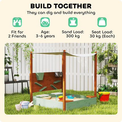 Wood Sandpit with Canopy, Storage Bins, Funnel, Liner, Chutes, Bucket with Tap,