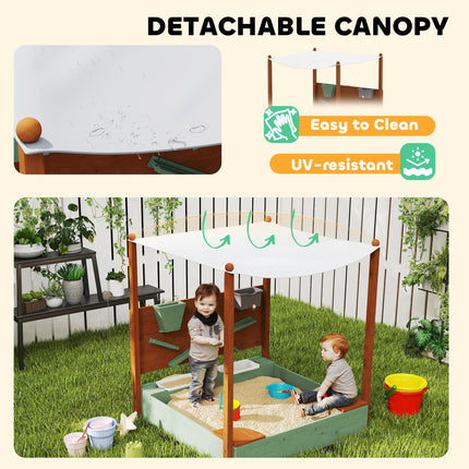 Wood Sandpit with Canopy, Storage Bins, Funnel, Liner, Chutes, Bucket with Tap,