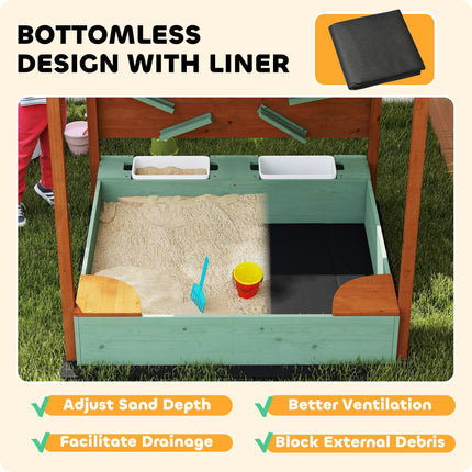 Wood Sandpit with Canopy, Storage Bins, Funnel, Liner, Chutes, Bucket with Tap,