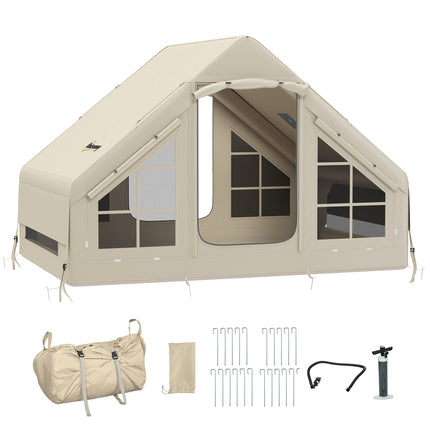 Inflatable 2-4 Person Camping Tent with Pump, Waterproof, Mesh Windows & Carry Bag - Beige