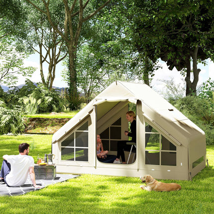 Inflatable 2-4 Person Camping Tent with Pump, Waterproof, Mesh Windows & Carry Bag - Beige