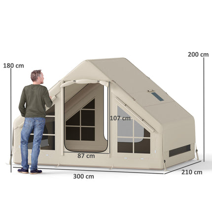 Inflatable 2-4 Person Camping Tent with Pump, Waterproof, Mesh Windows & Carry Bag - Beige
