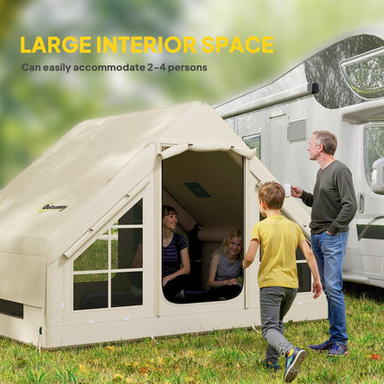 Inflatable 2-4 Person Camping Tent with Pump, Waterproof, Mesh Windows & Carry Bag - Beige