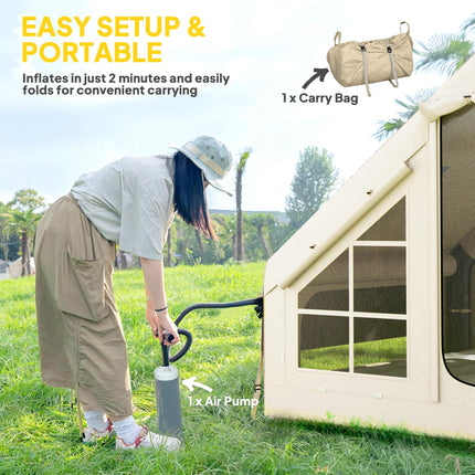 Inflatable 2-4 Person Camping Tent with Pump, Waterproof, Mesh Windows & Carry Bag - Beige