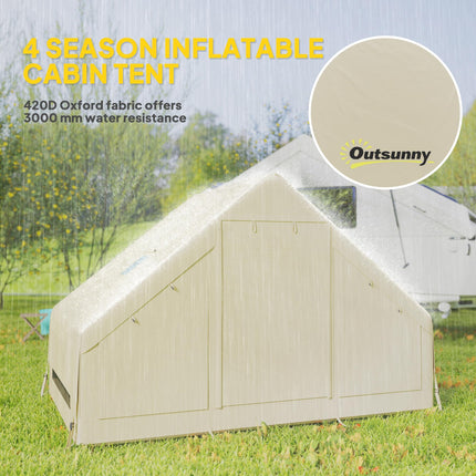 Inflatable 2-4 Person Camping Tent with Pump, Waterproof, Mesh Windows & Carry Bag - Beige