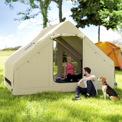 Inflatable 2-4 Person Camping Tent with Pump, Waterproof, Mesh Windows & Carry Bag - Beige
