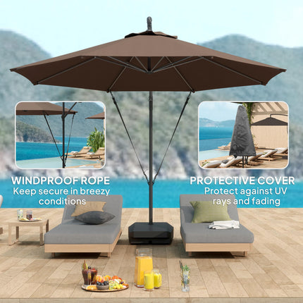 3 Metre Garden Cantilever Parasol with Fillable Base & Wind Protection Strap - Brown