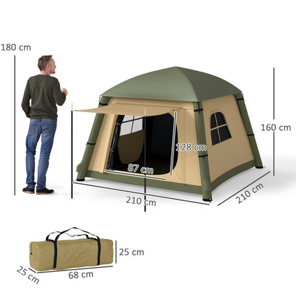 Inflatable 1-2 Person Camping Tent with Hand Pump, Waterproof 190T Taffeta, Mesh Windows & Doors - Brown