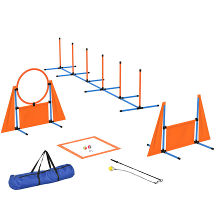 7-Piece Dog Agility Training Set with Weave Poles, Jump Ring, Hurdle, Pause Box & Carry Bag - Orange