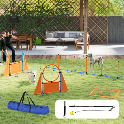 7-Piece Dog Agility Training Set with Weave Poles, Jump Ring, Hurdle, Pause Box & Carry Bag - Orange